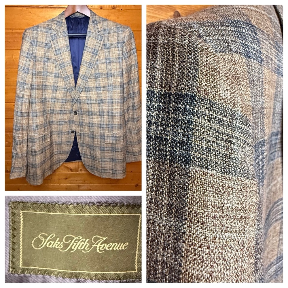 Men's Saks 5th Avenue Plaid Blazer - Brown and Blue Botto Giuseppe Fabric 44R